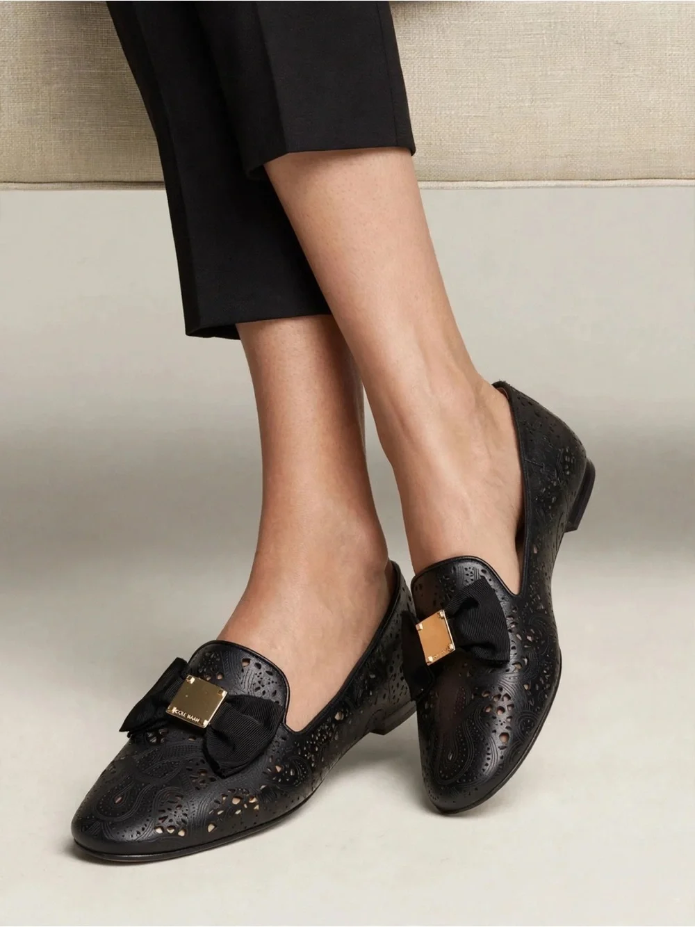 Black Cole Haan Leather Bow Loafers with Gold Accent - Women's Shoes